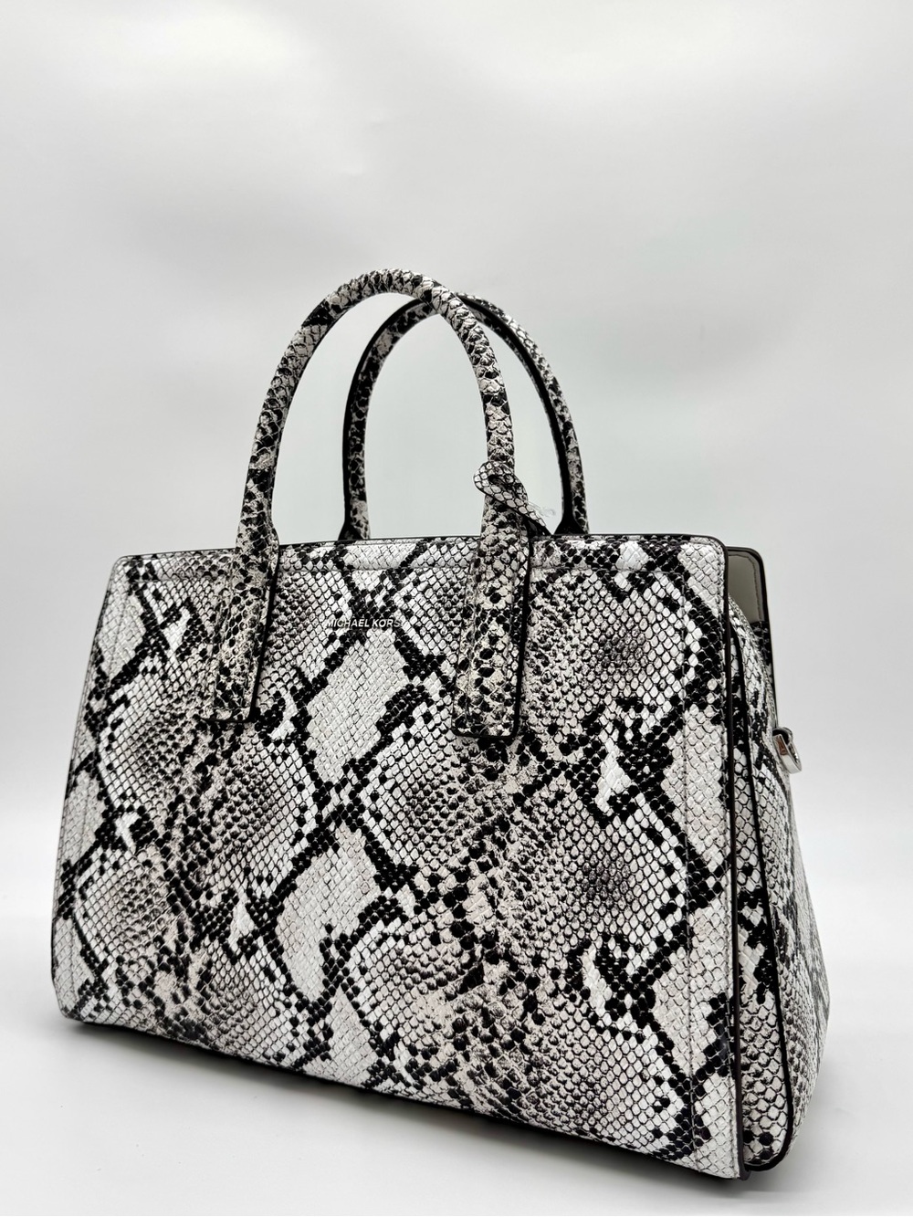 Michael Kors Laila Medium Snakeskin Leather Satchel Bag-Aluminum